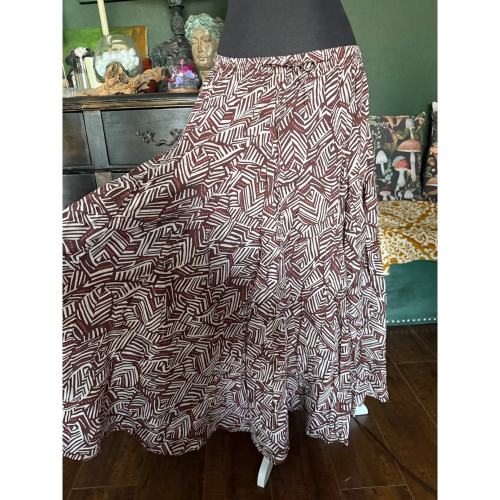 TravelSmith Brown White Geometric Cotton Maxi Skirt Womens 1X Elastic Waist